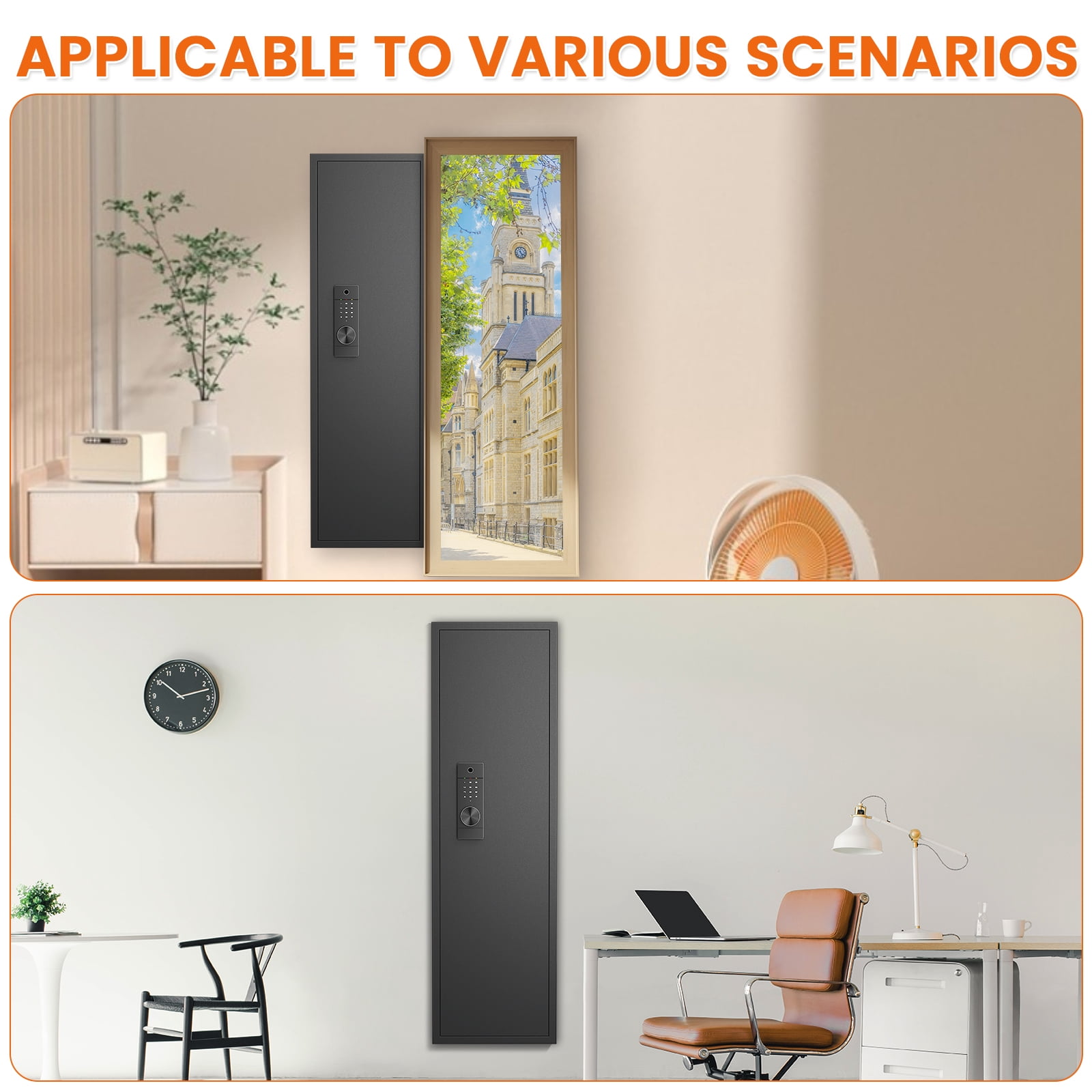53.15" Wall Safe Between the Studs, Biometric Fingerprint Hidden Safe with Dual Alarm System and Silent Mode, Wall Gun Safe with 3 Adjustable Shelves and Magnetic Slot (Black-Fingerpirnt)