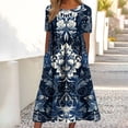 thumbnail image 2 of Lovzfmll Women's Crew Neck Short Sleeve Rolled Sleeve Floral Print Maxi Sundress, Loose Casual Summer Dress Navy, M, 2 of 7