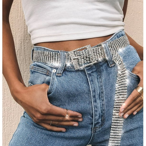 Zoiuytrg Women Bling Crystal Diamond Waist Belt Wide Chain Full