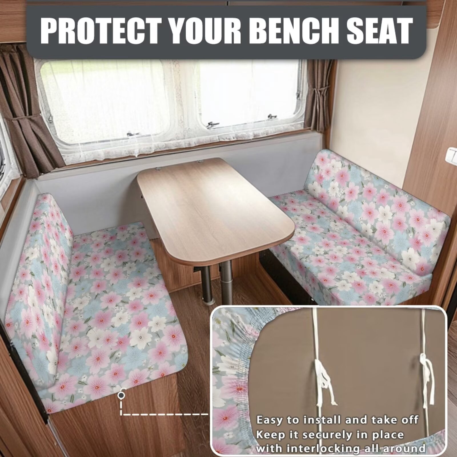 Boatee Beautiful Cherry Blossom RV Dinette Cushions Washable Furniture Covers Universal Camper Accessories Stretchable Couch Cover 2 Cushion Sofa for 2 Seat Cushion Couch Pink