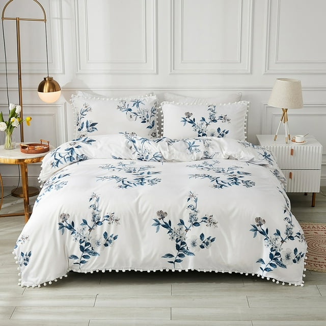 Bedding Blue Branches and Flowers Duvet Cover White Set with Small Ball