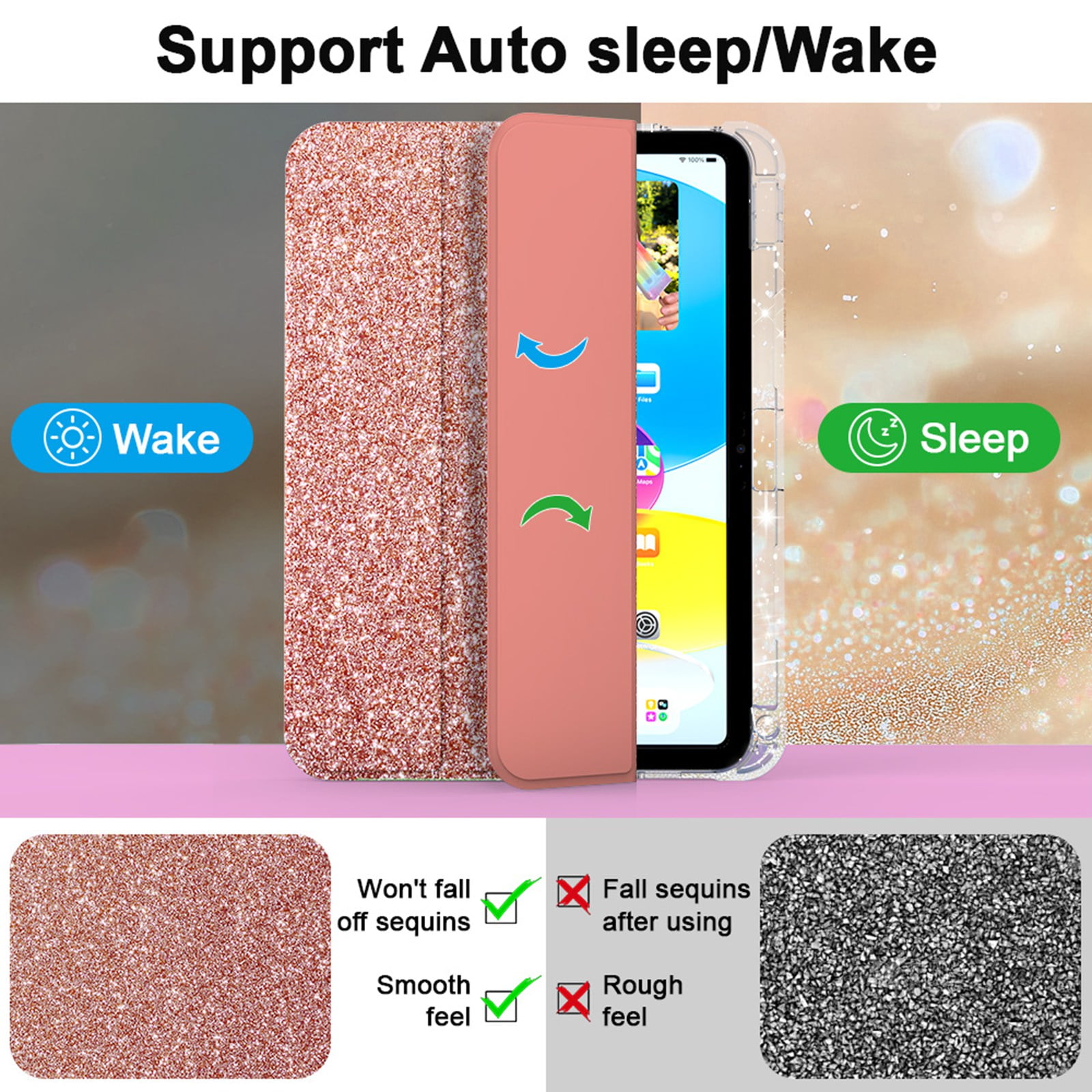 ELEHOLD Glitter Case for  iPad 9th/8th/7th Generation with Pencil Holder,  Auto Sleep/Wake Magnetic Stand Cover, Sparkly Clear Back Shell with Tri-Fold Stand , Rosegold