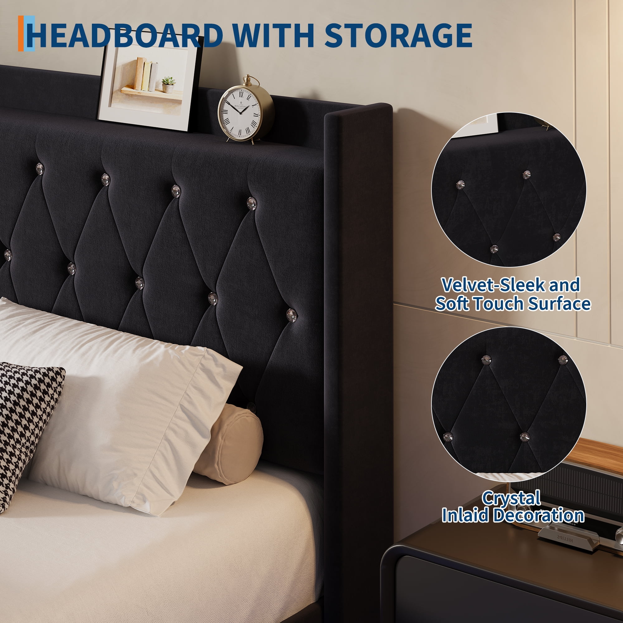 Modern Platform Bed with LED Lights & Storage - Upholstered Headboard, Noise Free, Full size