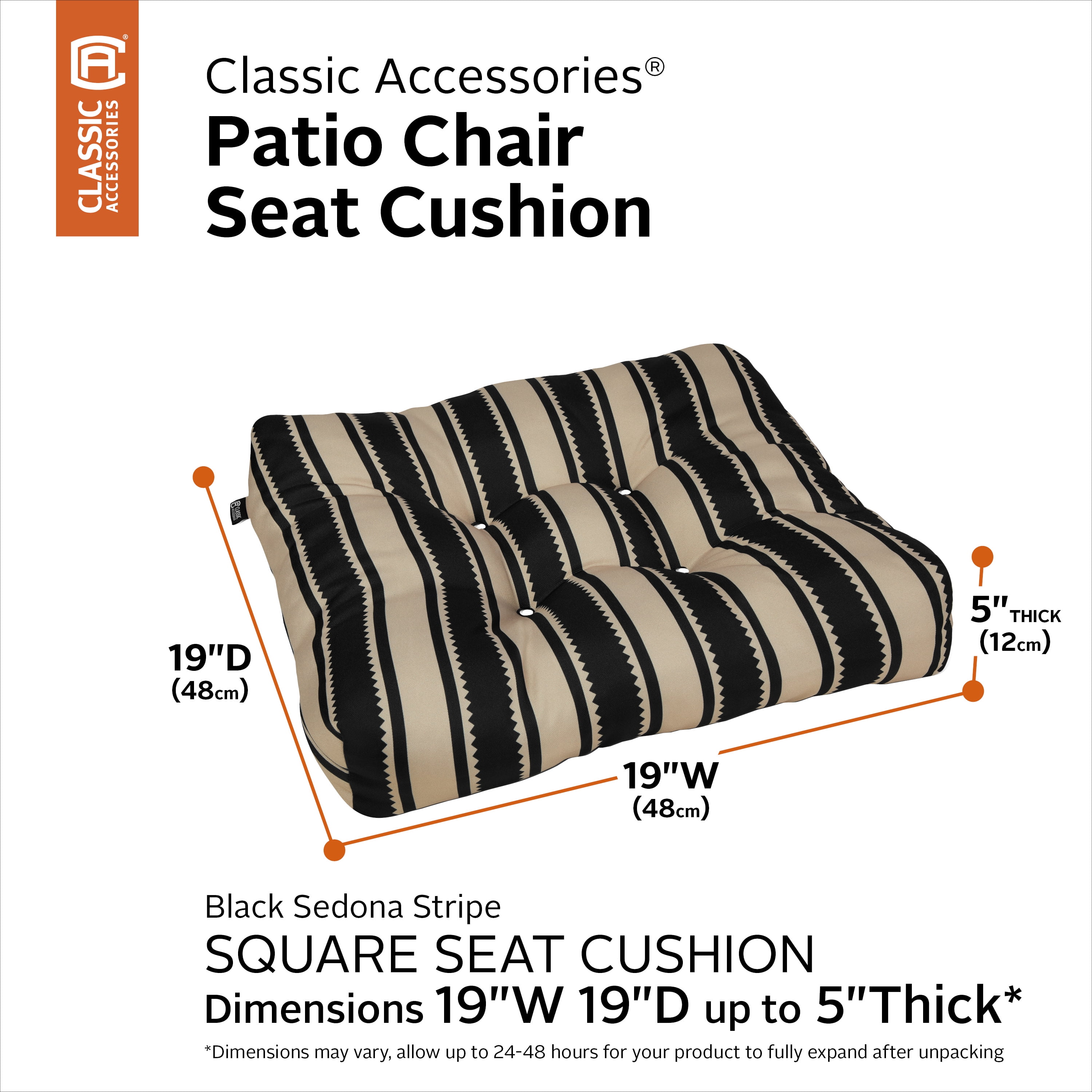 Classic Accessories Water-Resistant Square Patio Seat Cushions, 19 x 19 x 5 Inch, 2 Pack, Black Sedona Stripe