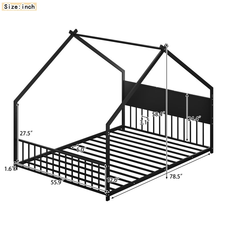 Full Size Montessori Bed with LED Light Strips, Metal Floor Bed with Headboard and Footboard, Full House Bed Frame with Slats Support（Black)