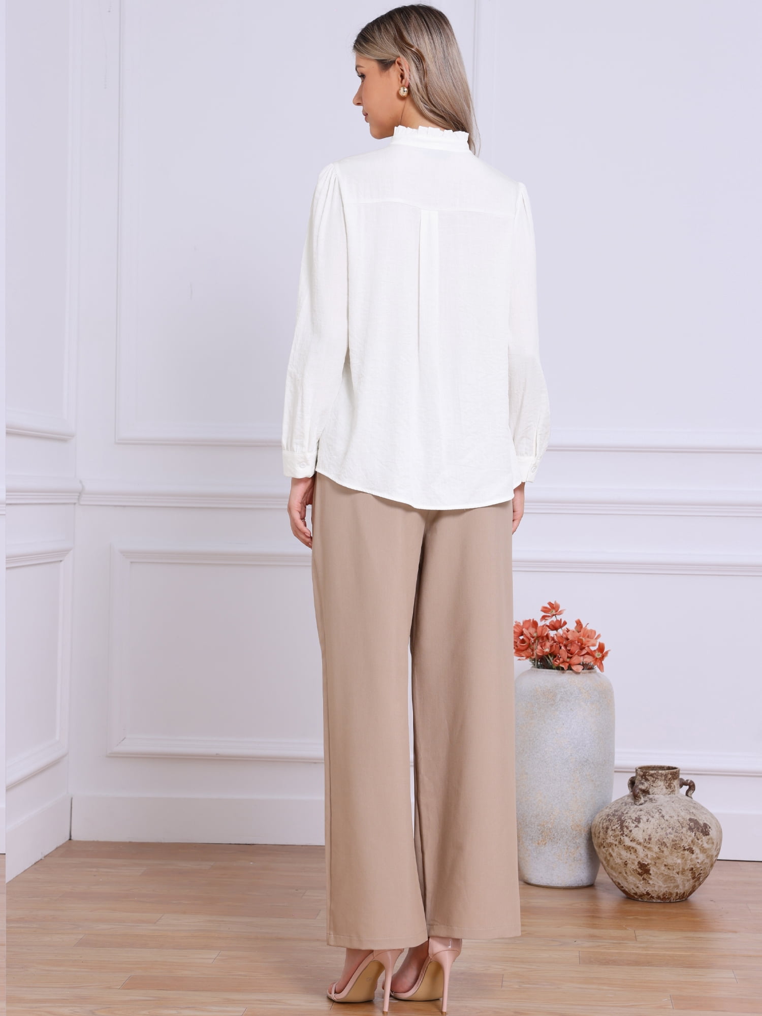 DARING DIVA Women's Long Sleeve Button Down Ruffled Collar Pleated Trim Top XS White
