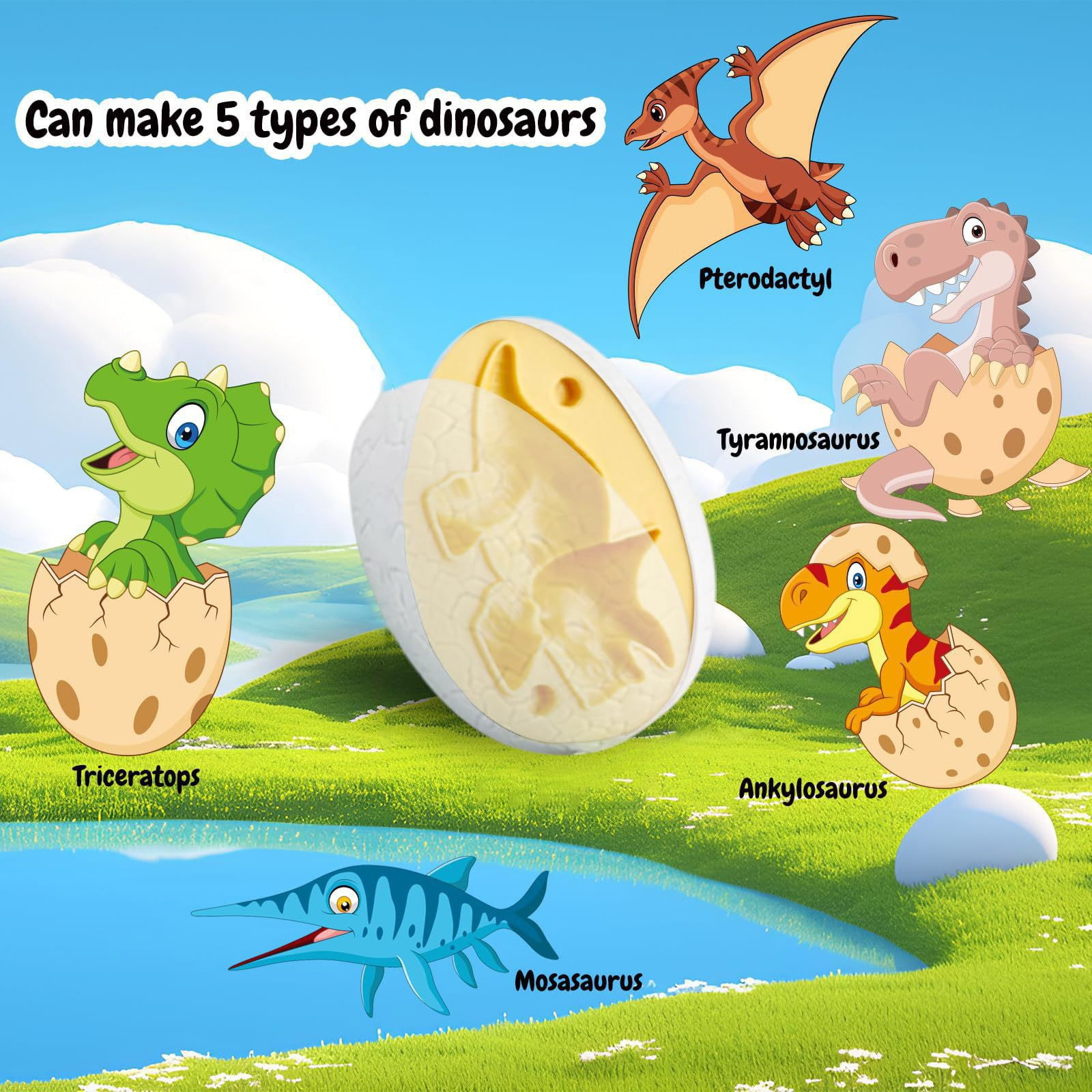 Dinosaur Egg Playdough Set with 5 Eggs 8 Colors Clay 1 Tool Kit & 1 Map - Creative Dinosaur Modeling Kit for Kids - Ideal for 3-6 Years Old Boys Girls, Art Crafts, Sensory Play, Birthday Gifts