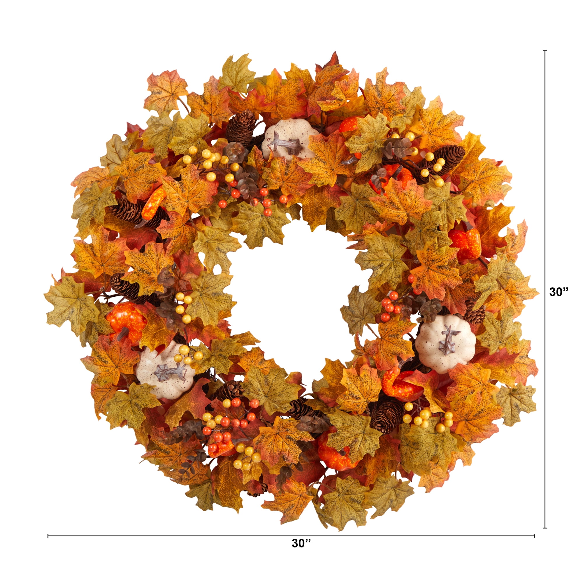 Nearly Natural Plastic Autumn Artificial Fall Wreath, with Pumpkin, Maple Leaf 30" (Orange)