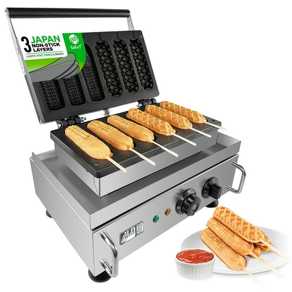 Hot Dog Waffle Maker Commercial 6 PCS French Hotdog molds 110v | stainless steel Crispy Baking Corn Dog, Sausage Waffles Non-Stick Maker Machine Electric Muffin by ALDKitchen (MANUAL)