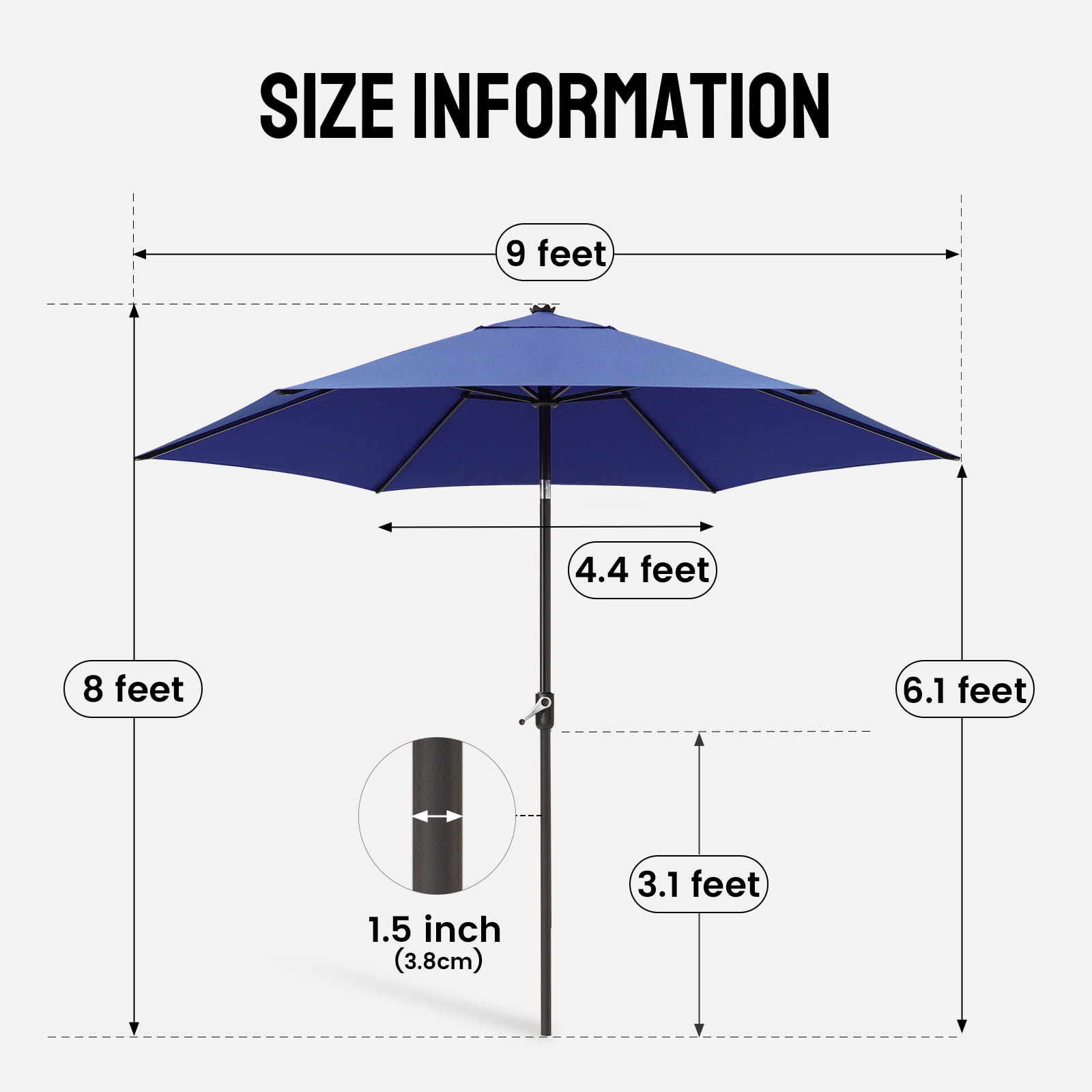 CROWN SHADES 9 Ft Patio Umbrella Polyester Outdoor Umbrella Patented Edge Connection Windproof Design Blue