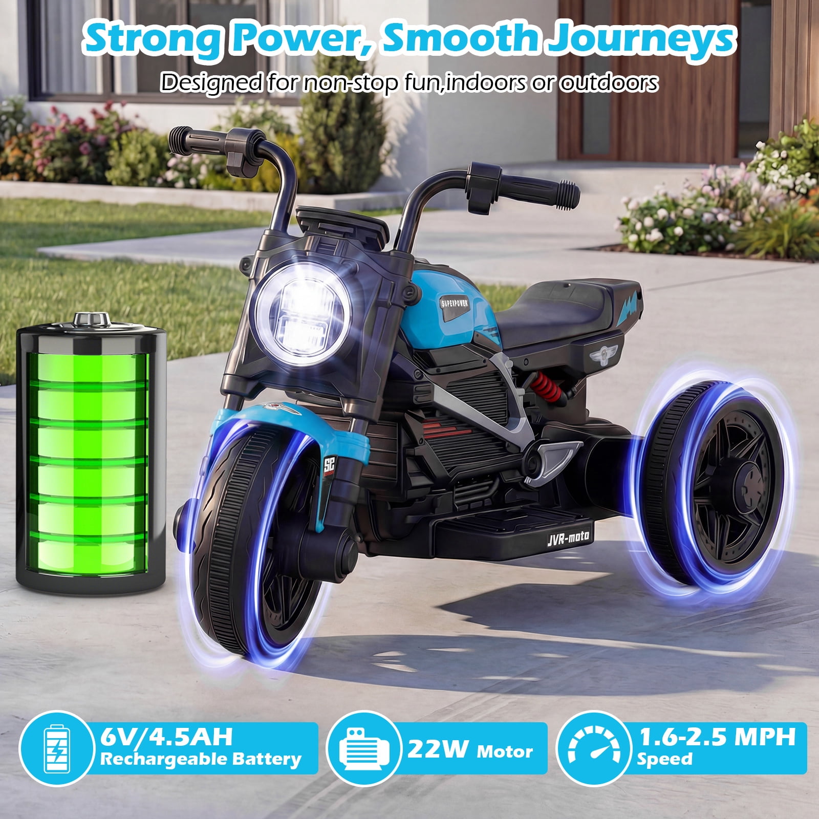 Costway 6V Kids Motorcycle with Song,Story,LED Headlights,Accelerator Pedal & 3 Wheels, Blue & Black