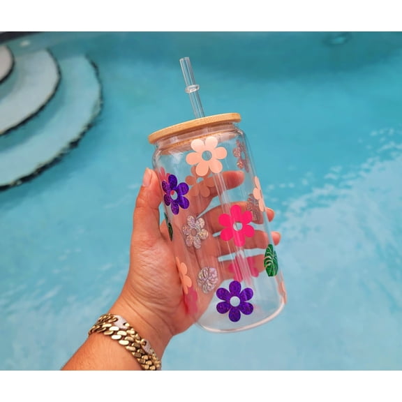 Daisy Cup Iced Coffee Cup Glass - Retro Flower Glass Jar - Daisy Coffee Glass Cup 16 oz