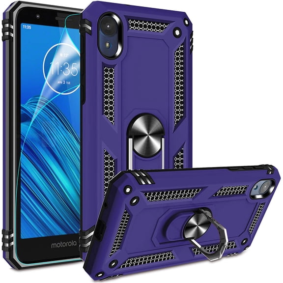 Compatible for Moto E6 Case with HD Screen Protector, Military-Grade Shockproof Protective Phone Case with Magnetic Kickstand Ring for Motorola Moto E6 Purple