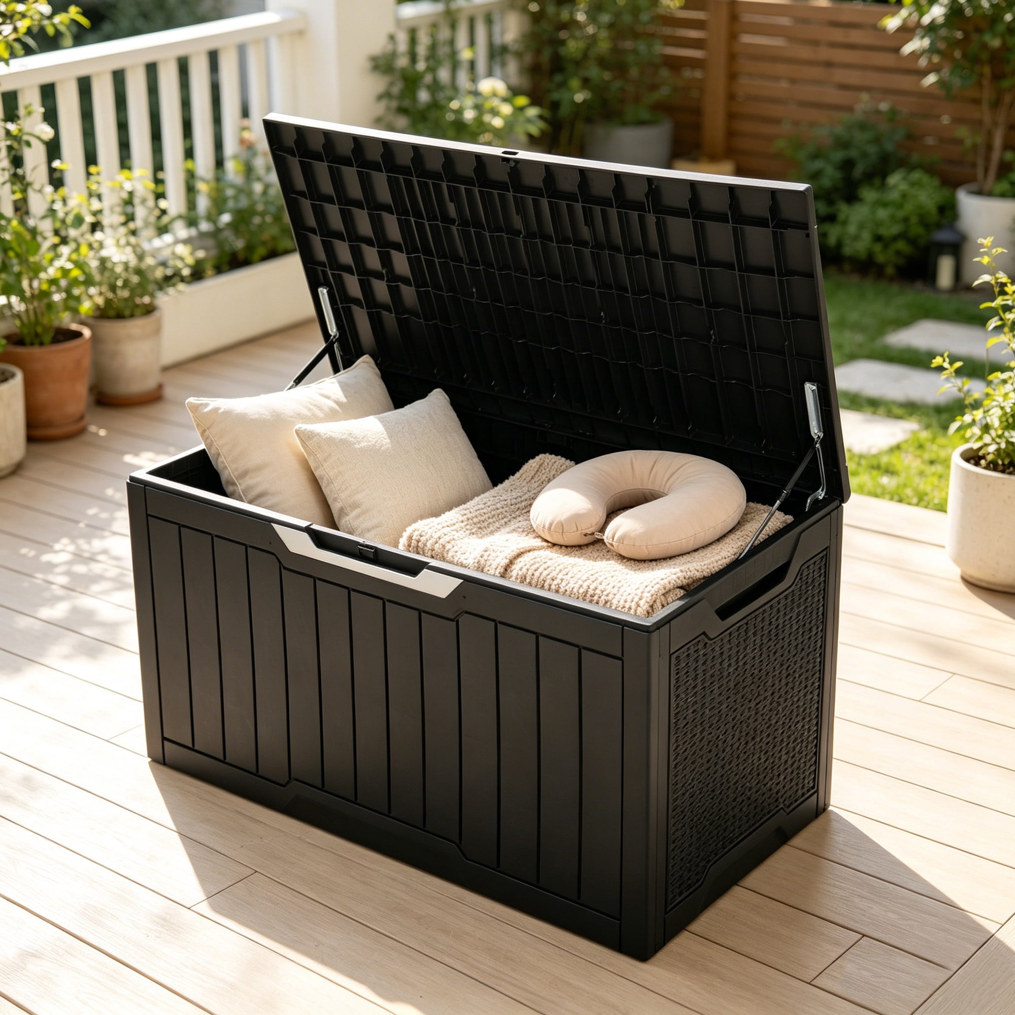 Uforic 100 Gallon Weatherproof Rattan Deck Box, Lockable Resin Large Outdoor Storage Box for Patio Cushions Garden Tools Equipment, Black