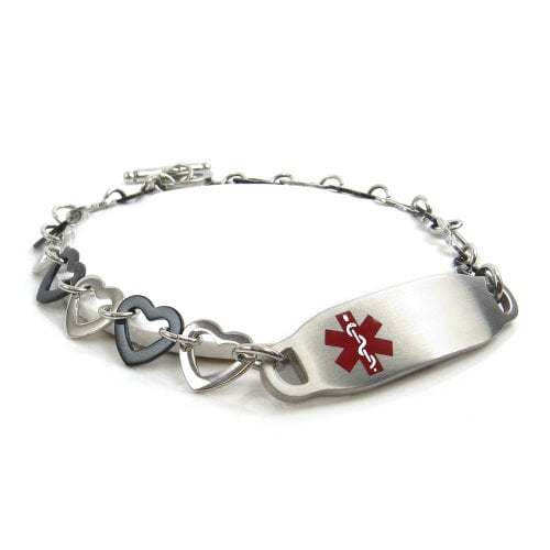 MyIDDr Bipolar Medical Alert Bracelet, Steel & Black Hearts, Pre