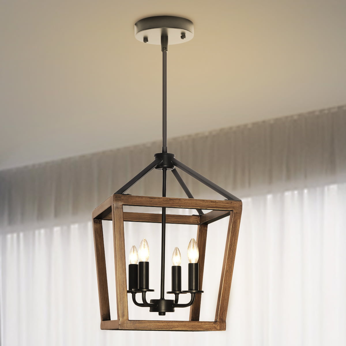 Pendant Light,Farmhouse Wood Pendant Lighting,4 Lights Adjustable Height  Rustic Chandelier with Oak Wood and Iron Finish