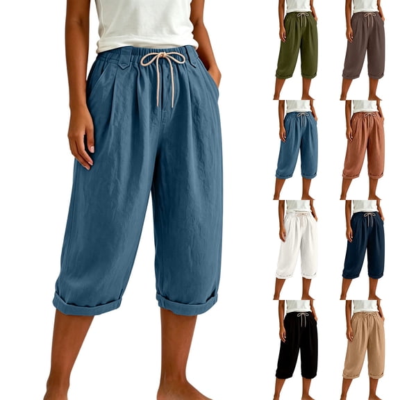 Women's Cotton Casual Capris with Drawstring Elastic Waist, Loose Fit Pockets for Women, Cropped Pants for Women Summer Lounge Beach, Capri Pants for Women | UKHCCC,Army Green L