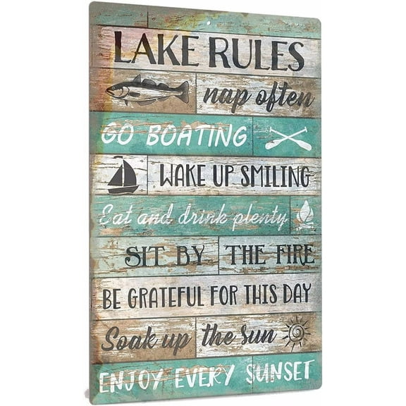Tin Poster Metal Sign Lake Rules Decor, Country Lake House Decor for Farmhouse, Cabin, Beach, Bar, 12x8 Inches Aluminum Wall - Go Boa G Plaque Retro Vintage Signs
