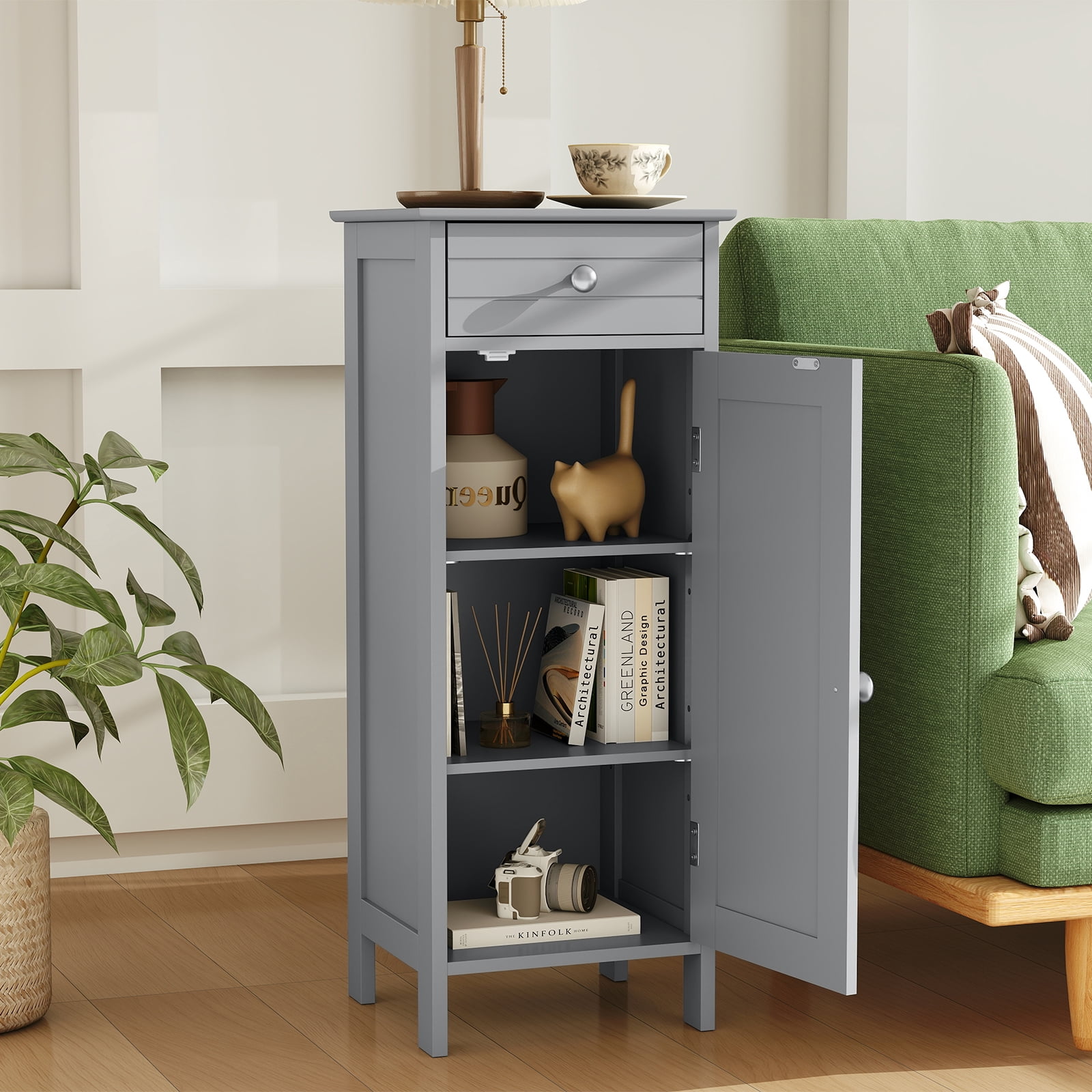 Giantex Floor Storage Cabinet, Multifunctional Freestanding Bathroom Storage Cabinet with Two Adjust Shelves, Ideal for Bathroom, Living Room or Bedroom (Grey)