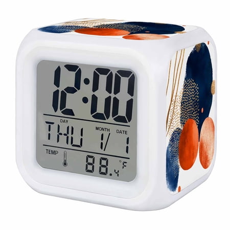 Navy Blue Burnt Orange Digital Alarm Clock for Bedrooms,Smart LED Alarm Clock with 7 Color Changing Night Light,Middle Century Modern Geometric Silent Wake Up Clocks for Sleep Study Cooking 3.2x3.2