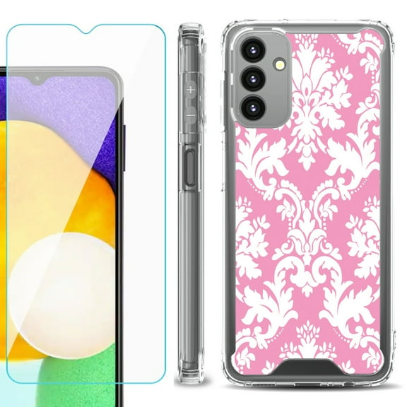 Shockproof Bumper Phone Case for Samsung Galaxy A13 5G, with Tempered Glass Screen Protector, by OneToughShield ® - Victorian White/Pink
