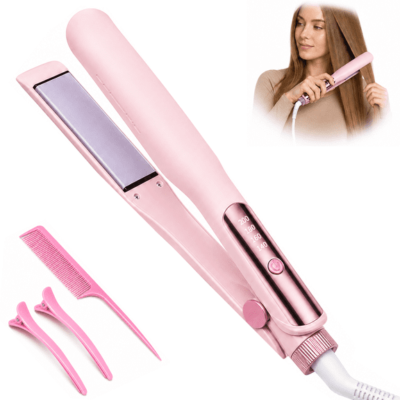 JUUTREN 1.57” Flat Iron Hair Straightener & Curling Iron, 2-in-1 Hair Curler Curling Wand with Dual Voltage, Negative Ions, 4 Heat Settings, Ceramic Oil Coating,Pink