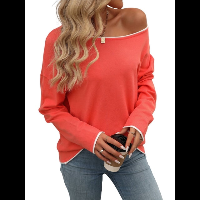 Suéteres de Otoño 2025 para Mujer, Informales, de Cuello Redondo, con Contraste, de Larga, de Punto, Tops Tipo Jersey Rojo M