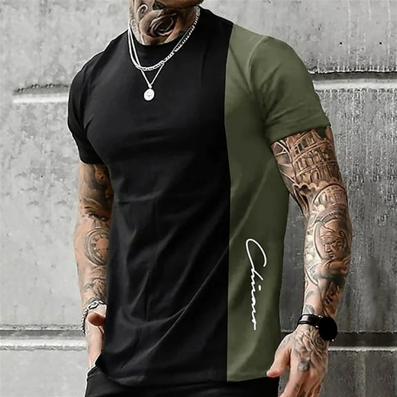 GZWYHT Mens T-Shirts,Tshirts Shirts T Shirt Graphic Color Block Round Neck Clothing 3D Printing Outdoor Leisure Short Sleeved Retro Fashion Designer Workout Shirts,Mens Casual Shirts Army Green XXL