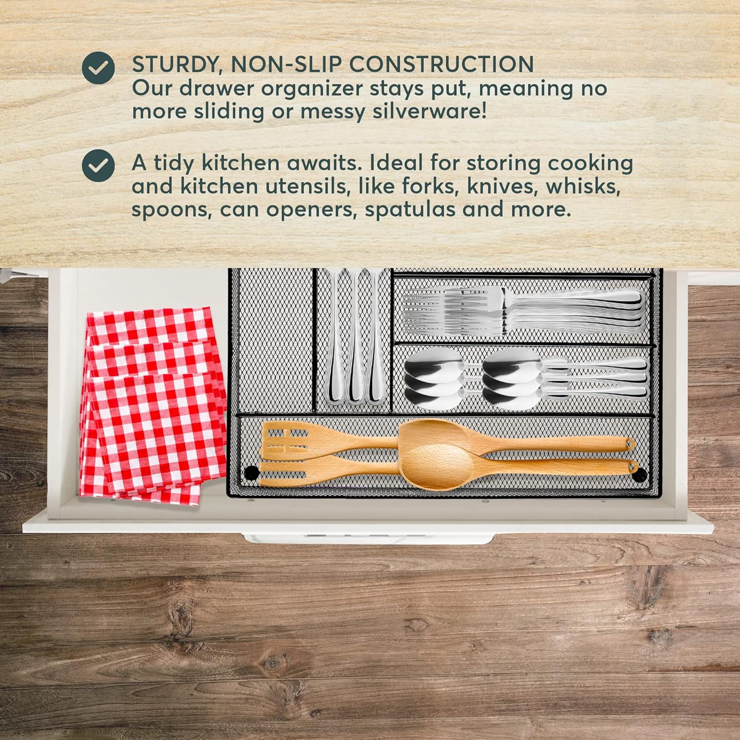 Maypes Utensil Drawer Organizer, Mesh Silverware Tray for Flatware, Slip-Resistant (Silver)