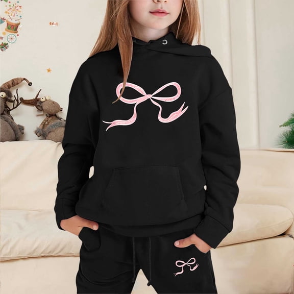 CUZIBR Valentines Outfits For Girls Cute Bow Print Ice Crean Graphic Long Sleeve Hoodie Sweat Suits Loose Fit Casual Fashion Sweatshirt Jogger Cute Pullover Tracksuit,Black,2-3 Years