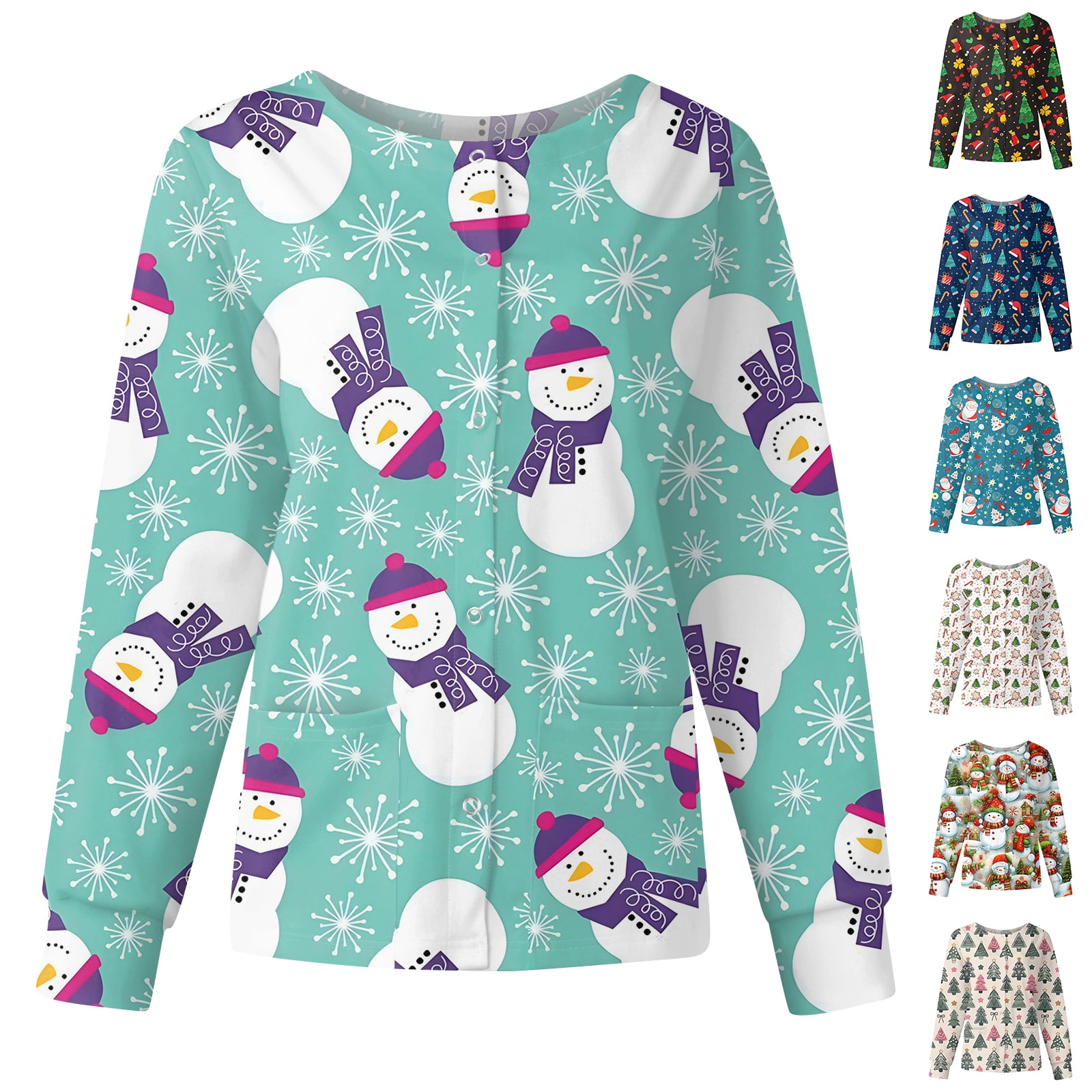 Hearthz Womens Scrub Jackets Christmas Warm Up Scrubs Tops for Women Xmas Print Long Sleeve Snap Front Nurses Working Uniforms with Pockets S-5XL