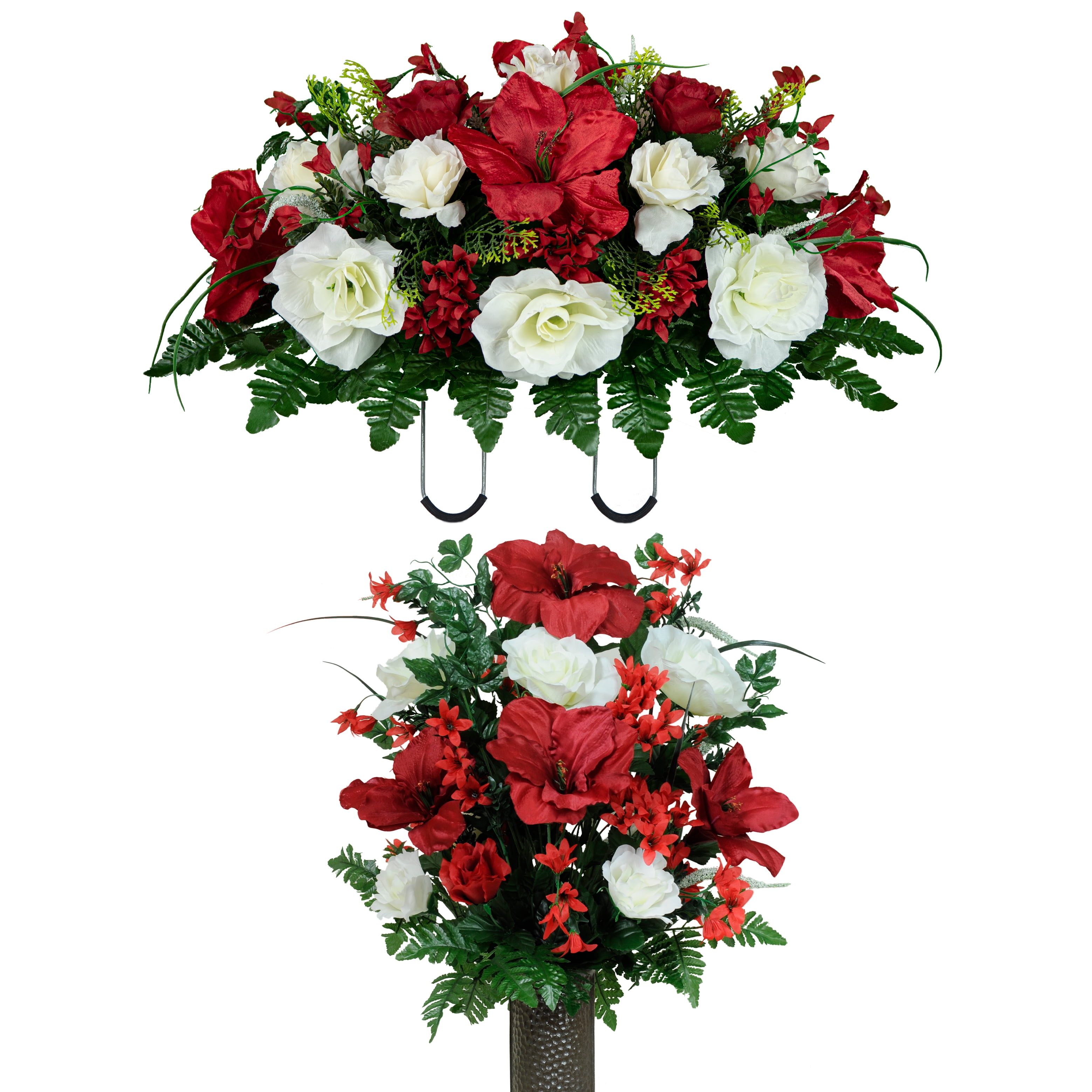 Sympathy Silks Artificial Cemetery Flowers Red Amaryllis White Roses 1