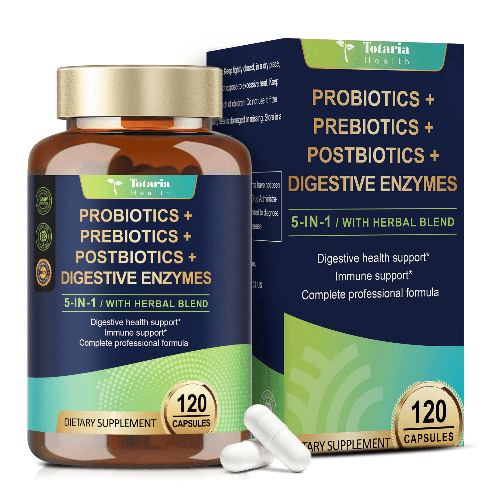 Totaria 5-in-1 Probiotic Prebiotic & Postbiotic for Women & Men, Supports Immune, Gut & Digestive Health, 120 Vegan Capsules