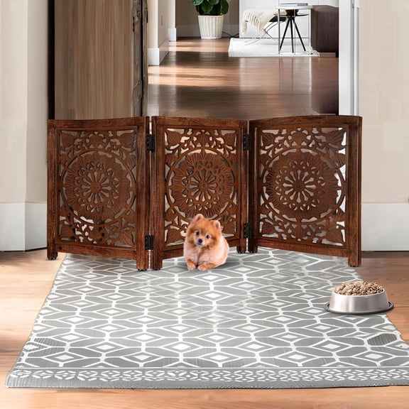 Homebia Designs Carved Wooden Dog Gate-Extra-Wide Freestanding Foldable Indoor Pet Barrier, Decorative Safety Gate for Dogs & Puppies, Perfect for Stairs, Doorways & Hallways-24x54 " Natural Burnt