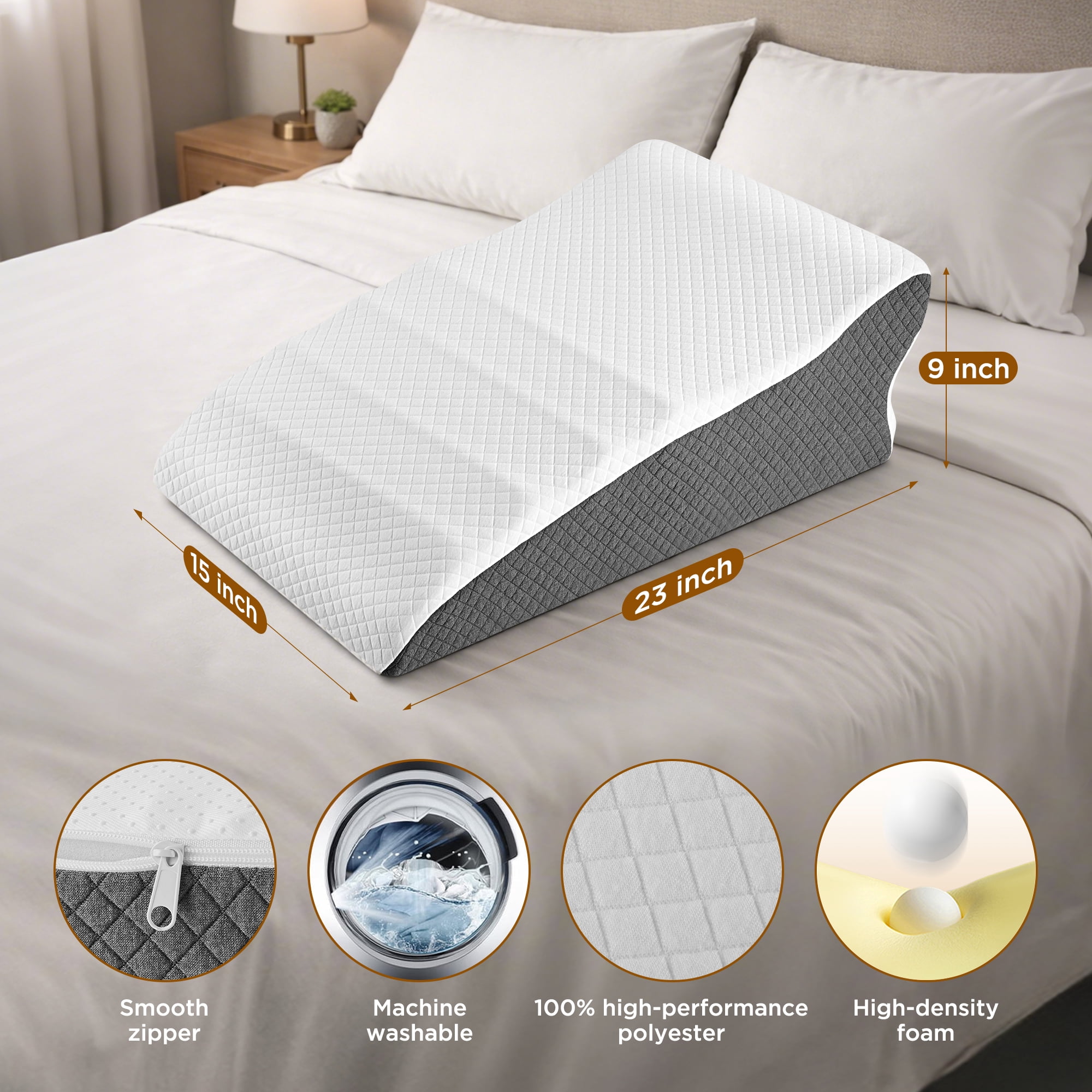 Kaipara Memory Foam Wedge Pillow for Sleeping, Bed Wedge Pillows Headboard for Apnea & Acid Reflux, Neck & Back Pain Relief, Adult Ergonomic Triangle Support Pillow for Sitting, Reading and Lying