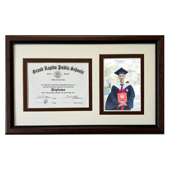 Graduation High School Diploma Certificate 6x8 with 5x7 Photo Frame Brown Frame Double Mat
