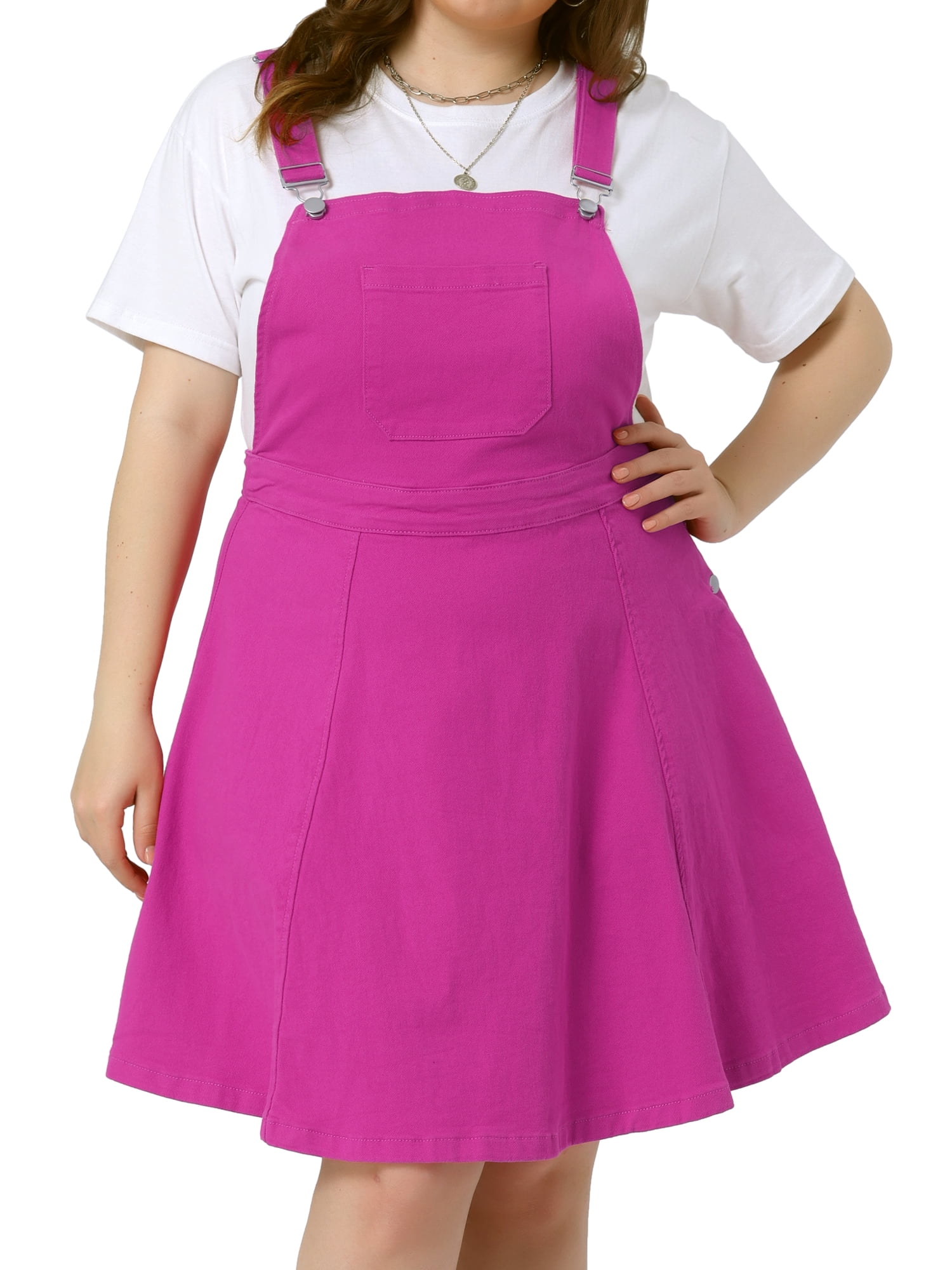 Unique Bargains Women's Plus Size Adjustable Straps Pockets Denim Dress 4X Hot Pink