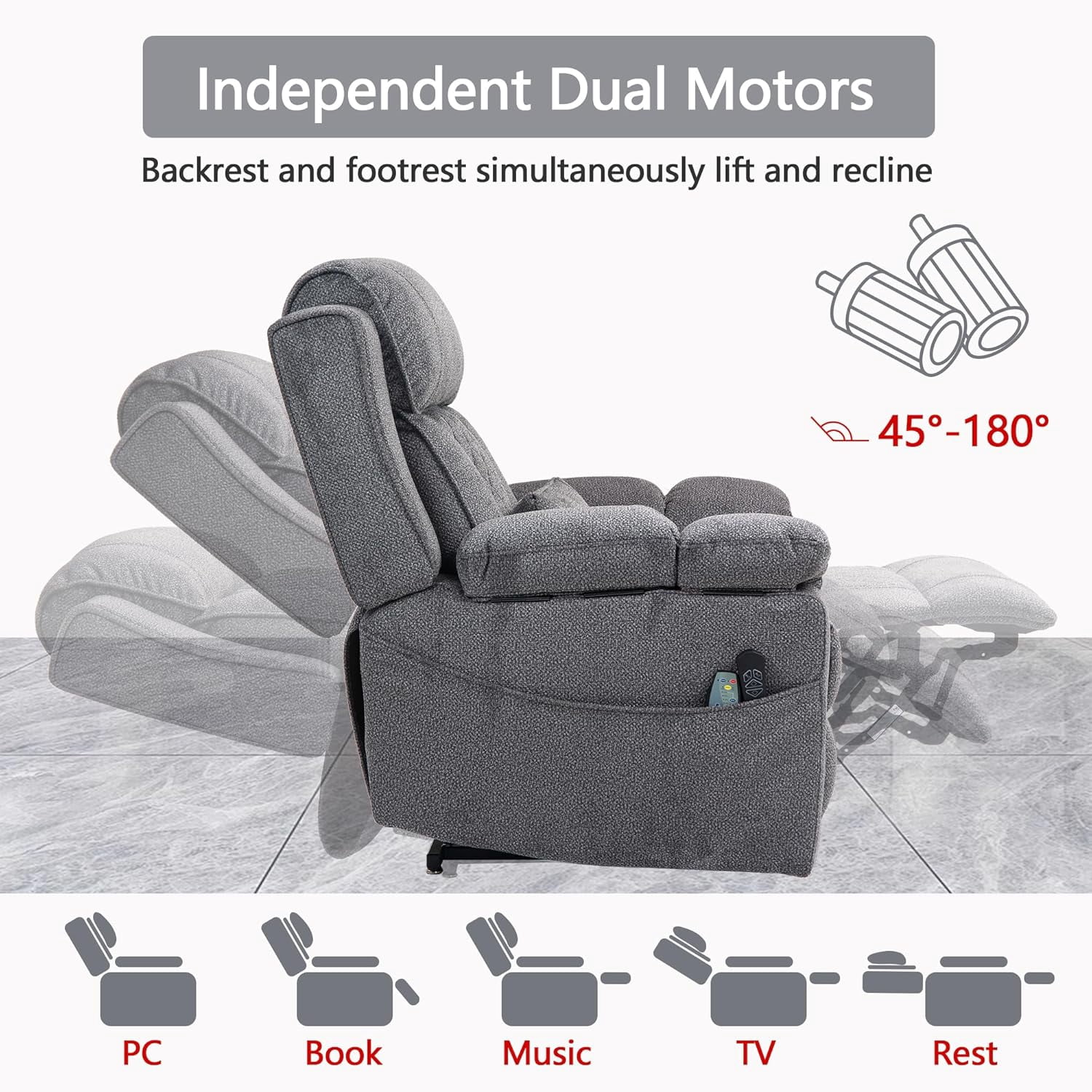 REHOUSING Adult Velvet Living Room Lift and Heat Vibration Recliners with Armrests and Cup Holders, Gray