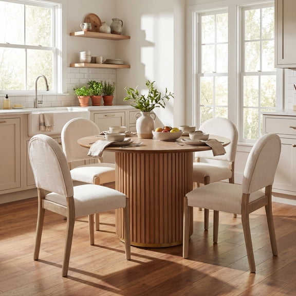 Christopher Knight Home 5-Piece Mid Century Dining Set, Round Pedestal Table & Upholstered Chairs, Light Ash