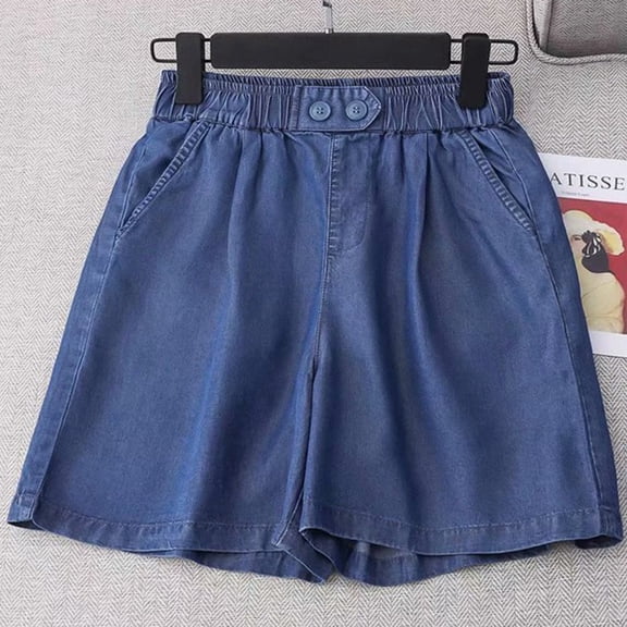 Conairie Women Jean Shorts Baggy Stretchy High Waisted Denim Shorts Comfort Summer Distressed Trousers with Pockets Dark Blue L