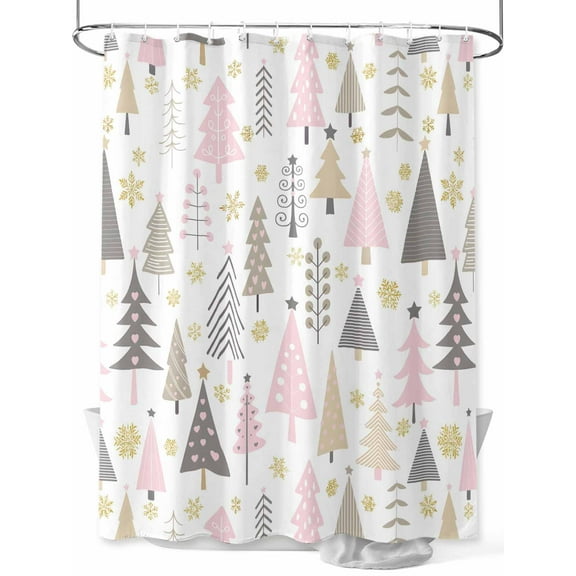 Pink Grey Christmas Long Shower Curtain Set, Waterproof Shower Curtains for Bathroom, Xmas Tree Snowflake Winter Washable Fabric Cloth Bath Curtain for Bathtub Decoration with Hooks 72x84 Inches