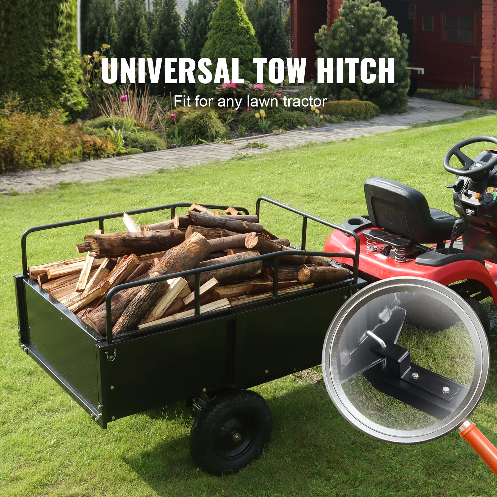 KFFKFF Garden Utility Trailer, 15 Cu.ft & 750 lbs Capacity, Heavy Duty Steel Dump Cart with Detachable Sides for Lawn Mower, Tractor