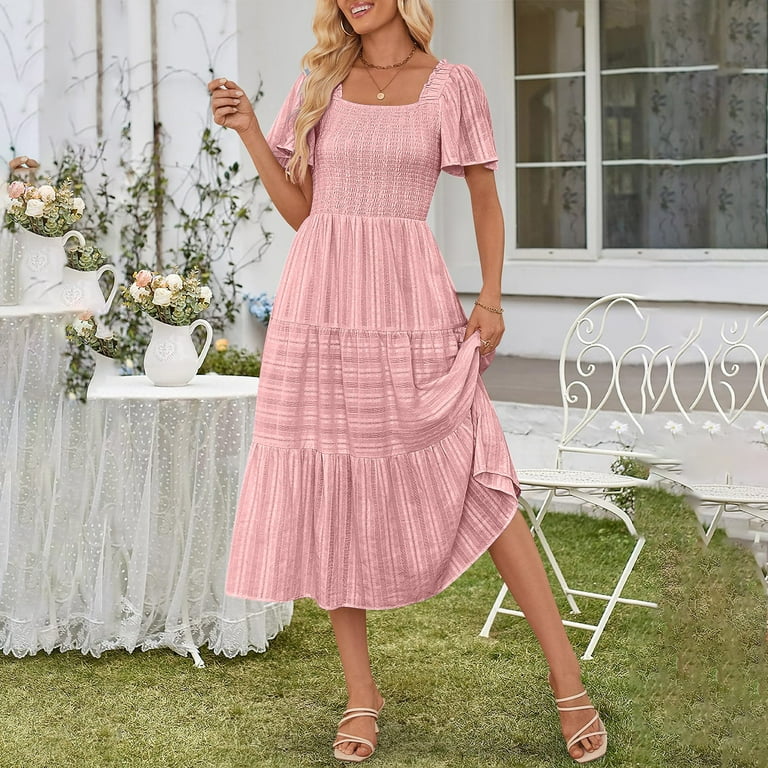 Efsteb Womens Short Sleeve Dress Casual Square Neck Maxi Dress Tiered  Ruffle Boho Dresses with Pockets PinkM - Walmart.com