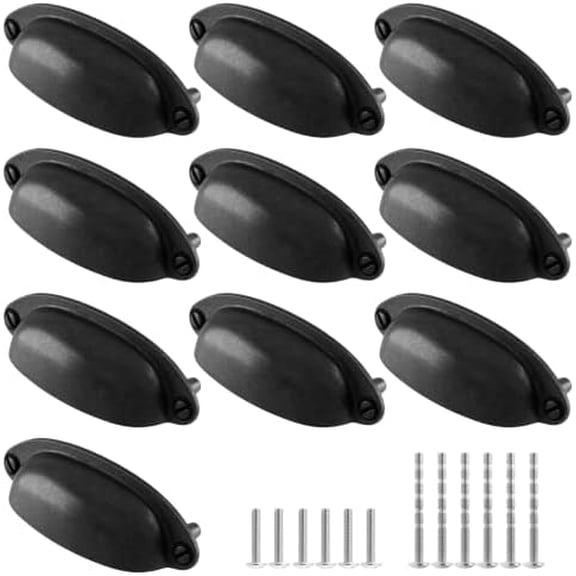 10 Pack Antique Black Drawer Pull Handle Knobs Metal Cup Pull 3.5" Hole Centers, Vintage Shell Pull Handles for Kitchen Cabinet Dresser Furniture