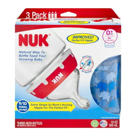 NUK 14074 Elephants Baby Bottle with Perfect Fit Nipple, 10 Ounces, 3 Pack