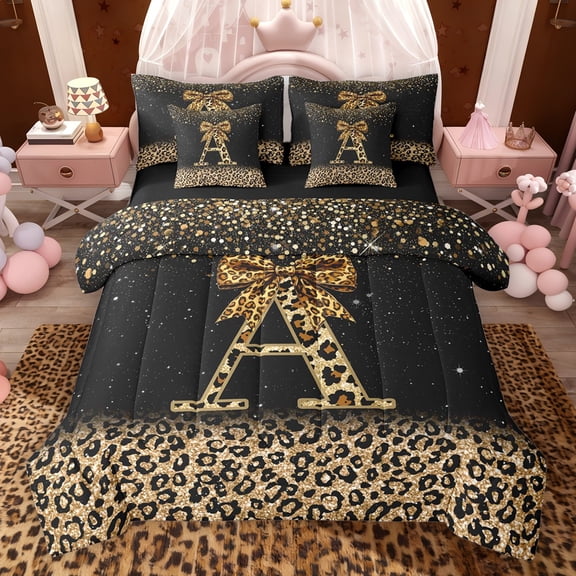 Erosebridal Chic Cheetah Print Twin Bedding Sets, Personalized Initial A Bedding Comforter Set, Black Brown, Black Reversible 7pcs