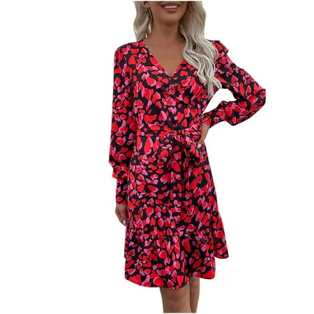 

BYOIMUD Ladies Fashion Slimming Floral Printing Sexy Lace-Up Belt High-waist V-Neck Ruffle Dress For 2022 Women Tops