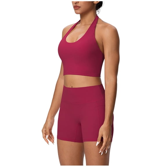 ZToonmas Women's 2 Piece Sportswear Set Solid Halter Neck Sports Bra and High Waist Biker Shorts Yoga Workout Outfit