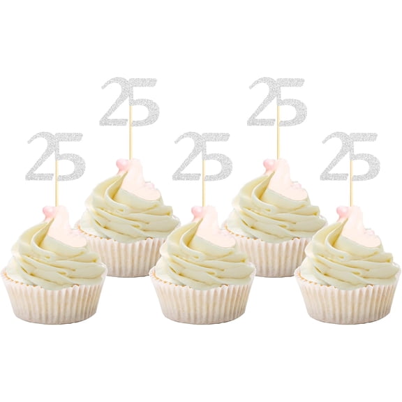 25th Birthday Cupcake Toppers, Silver Glitter, 25 Years Anniversary Party Decorations, 12 Pack