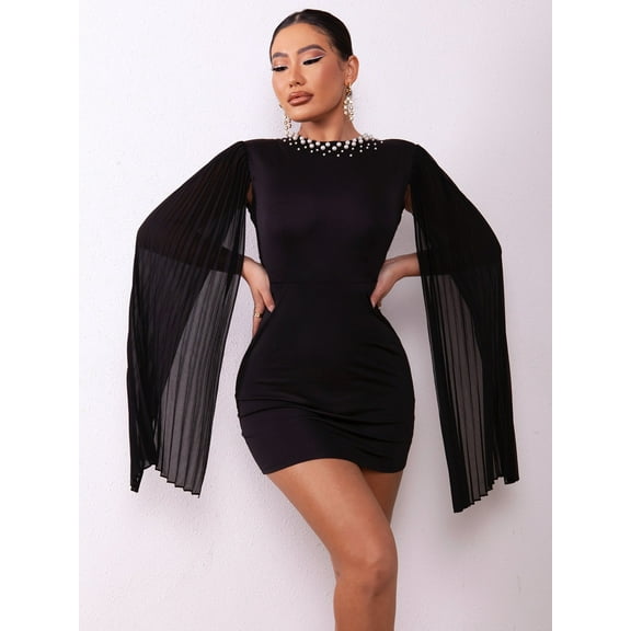 Backless Pearl Detail Pleated Split Sleeve Dress